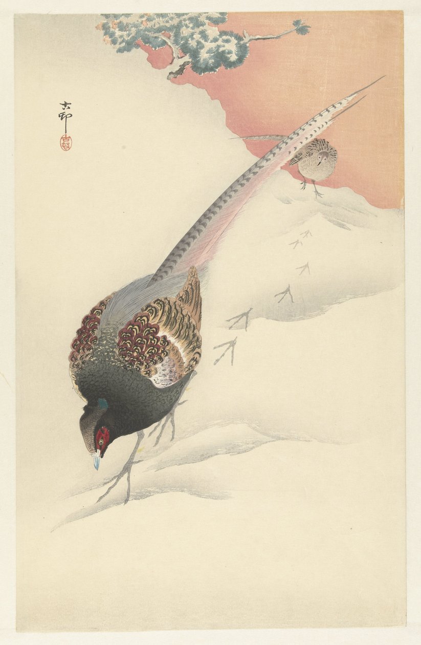 Para bażantów na śniegu autorstwa Ohara Koson