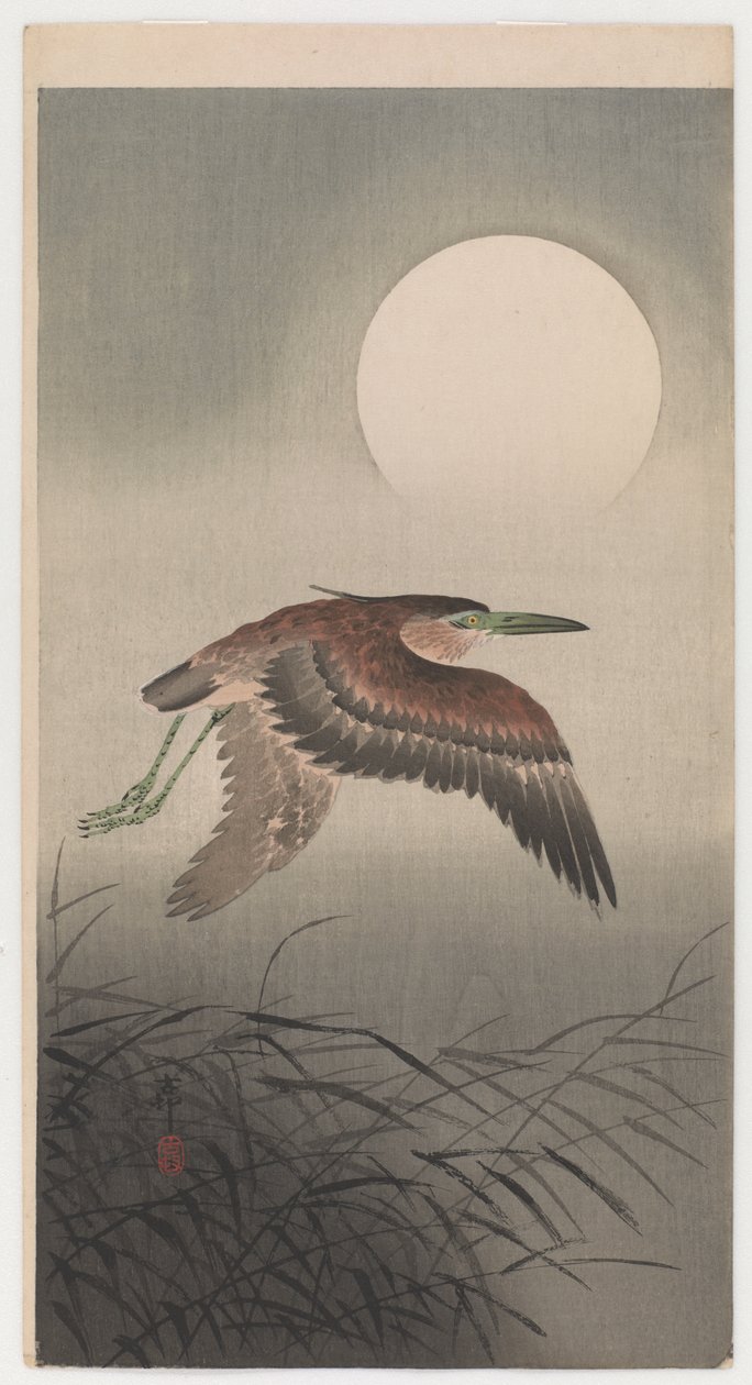 Latająca czapla i księżyc w pełni (kolorowy odbitka w technice woodblock) autorstwa Ohara Koson