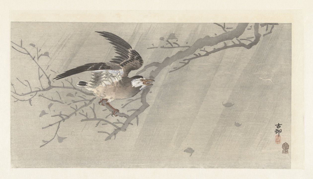Szary szpak w burzy autorstwa Ohara Koson