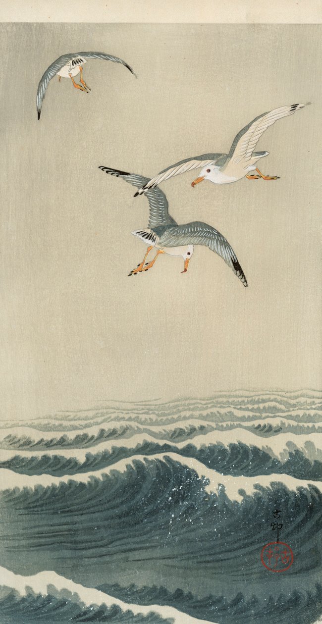 Mewy na morzu autorstwa Ohara Koson