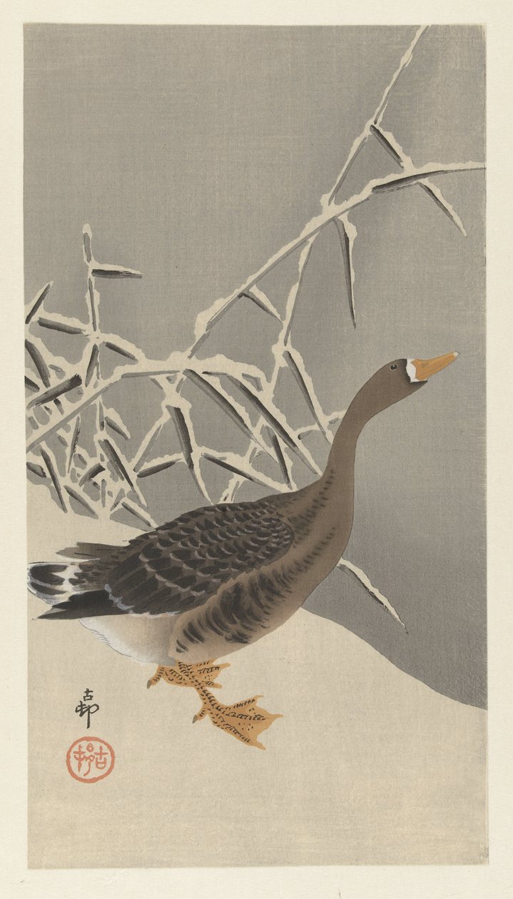 Gęś białoczelna na śniegu autorstwa Ohara Koson