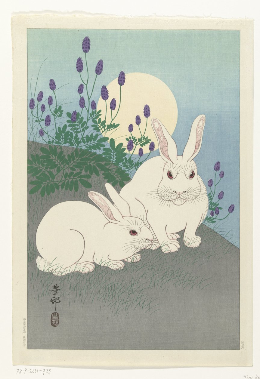 Króliki w pełni księżyca autorstwa Ohara Koson