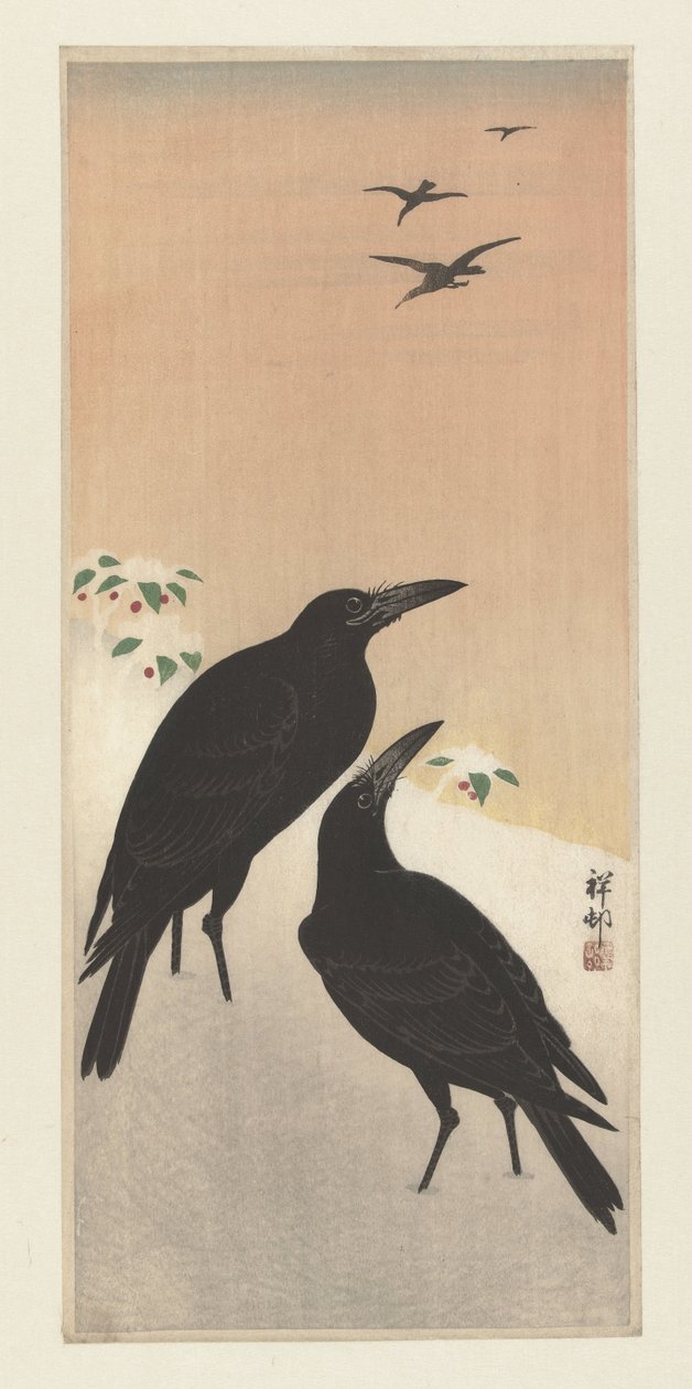 Wrony na śniegu autorstwa Ohara Koson