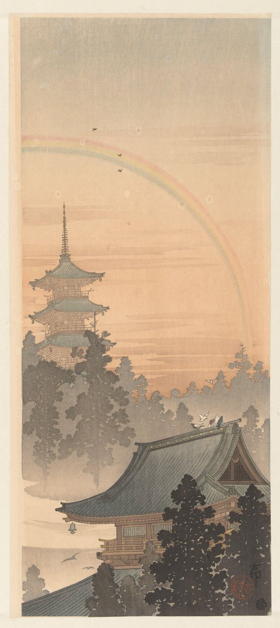 Pagoda i tęcza autorstwa Ohara Koson