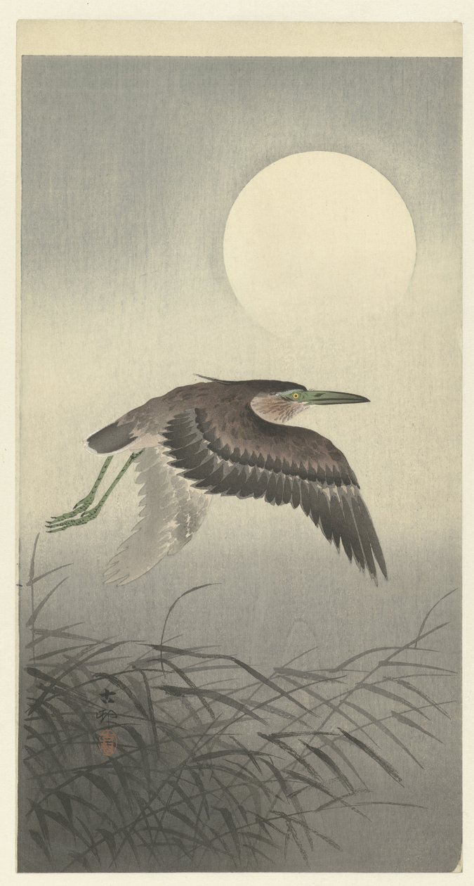 Czapla w pełni księżyca autorstwa Ohara Koson