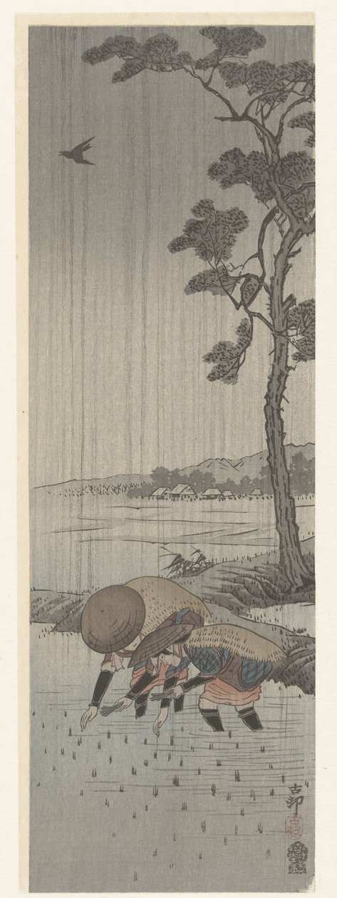 Sadzarki do ryżu w deszczu autorstwa Ohara Koson