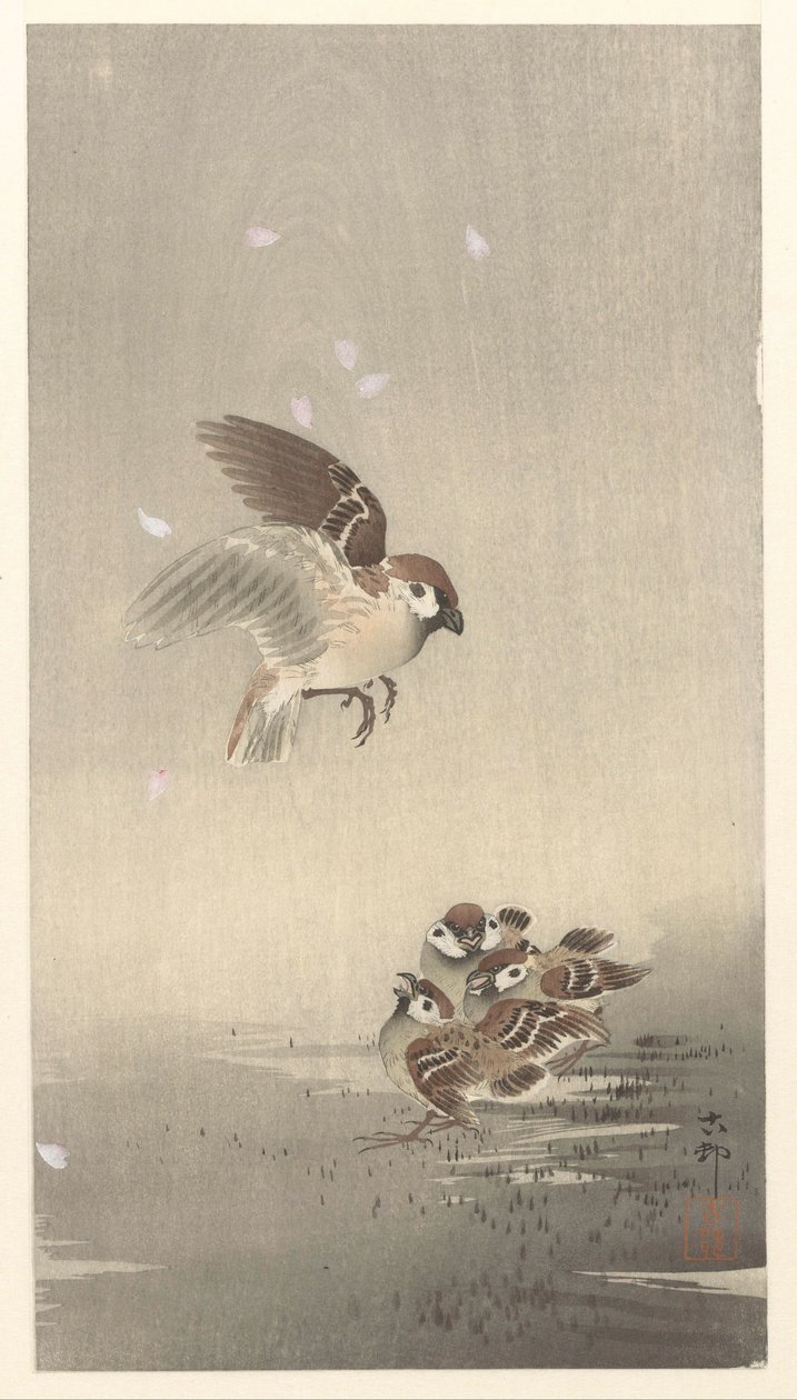 Wróbel z chłopcem autorstwa Ohara Koson