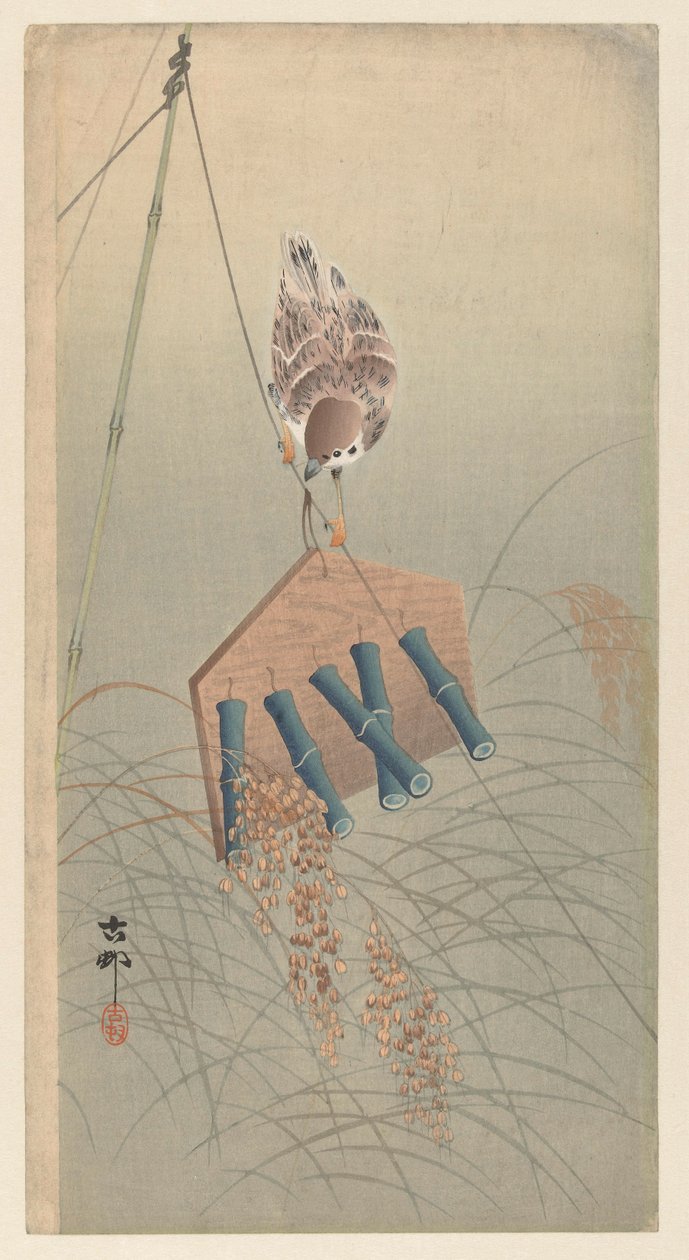 Wróbel na strachu na wróble autorstwa Ohara Koson