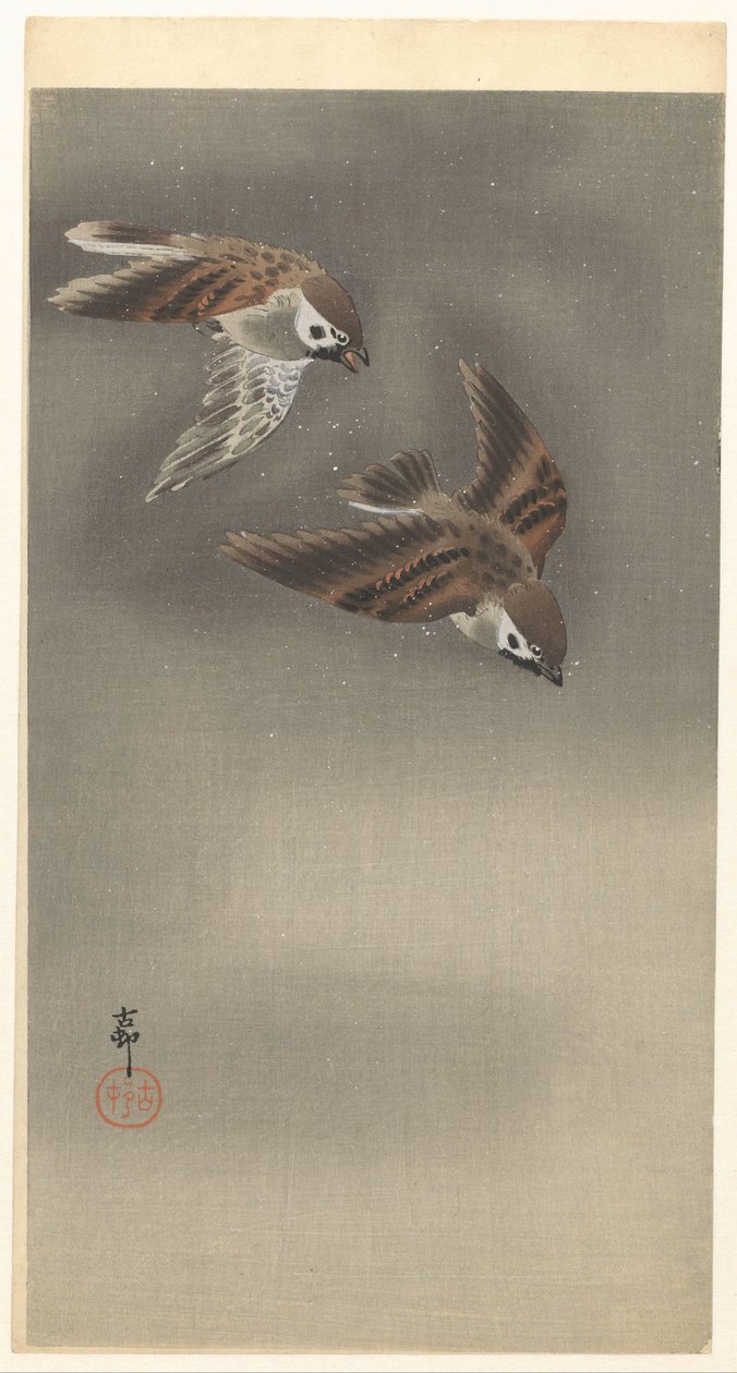 Wróble pierścieniowe w śniegu autorstwa Ohara Koson