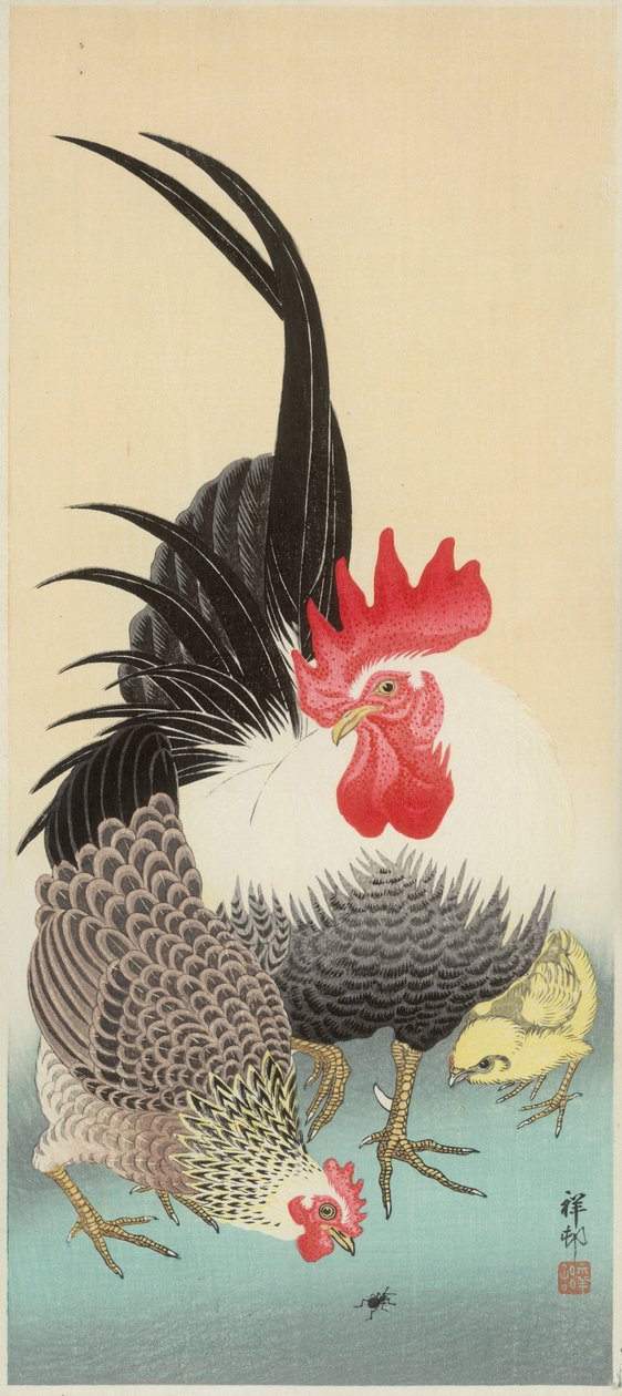 Kogut, kura i pisklę z mrówką (kolorowy drzeworyt) autorstwa Ohara Koson