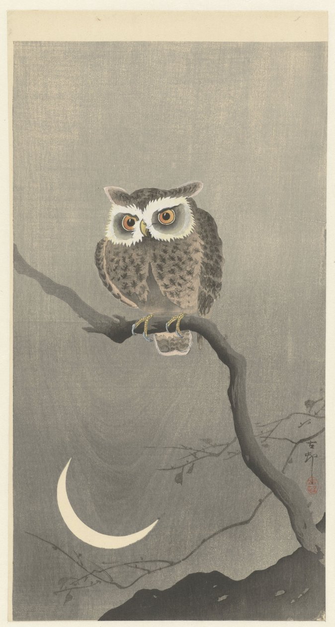 Sowa Scops na gałęzi z półksiężycem autorstwa Ohara Koson