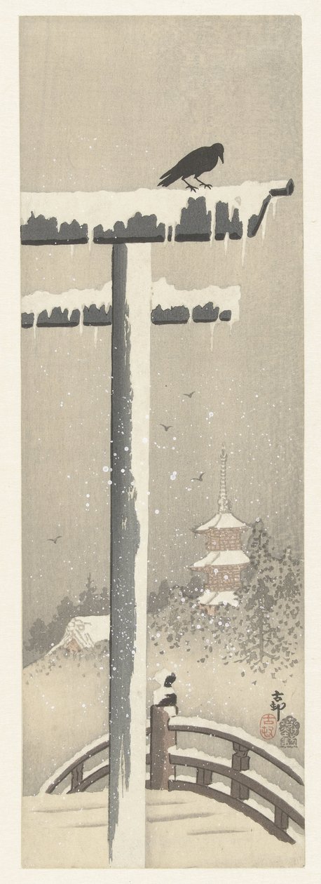 Torii na śniegu autorstwa Ohara Koson