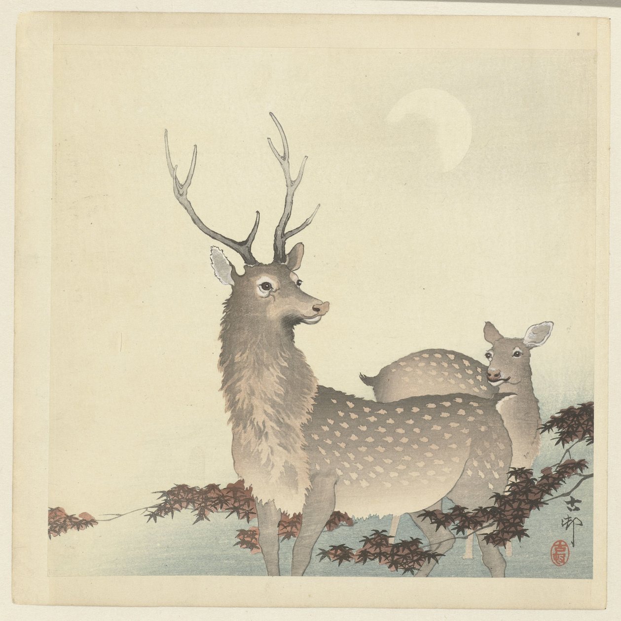 Dwa jelenie autorstwa Ohara Koson