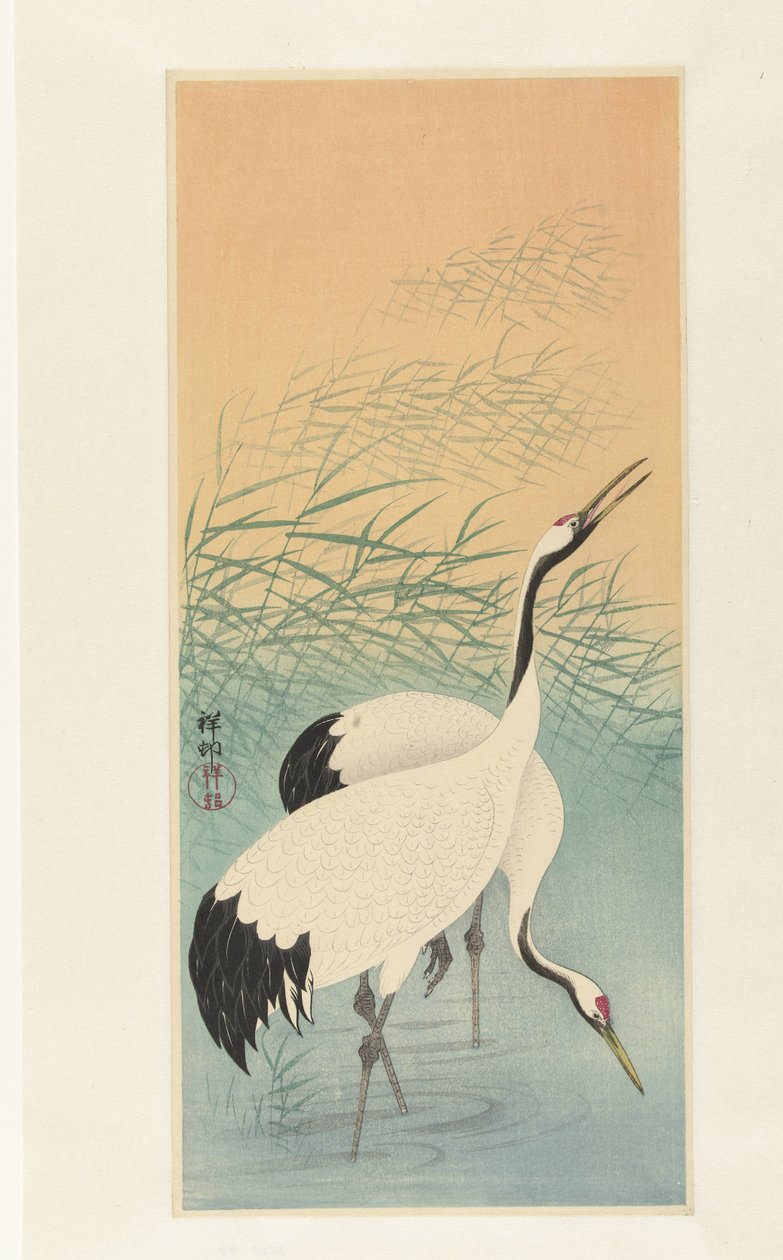 Dwa dźwigi autorstwa Ohara Koson