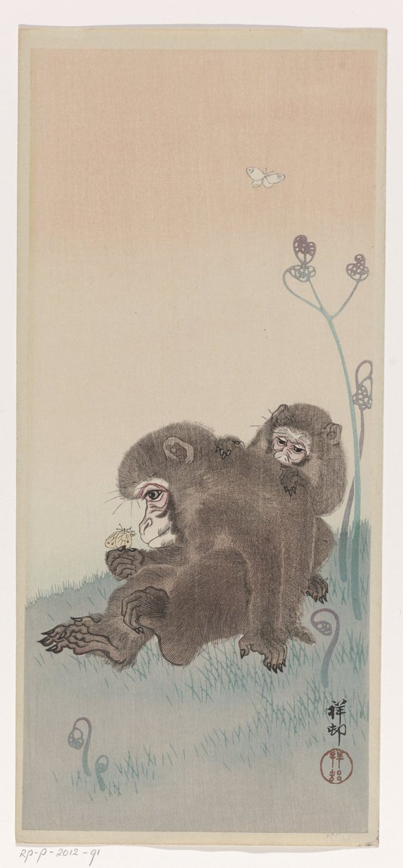 Dwie małpy z motylem, ok. 1900-45 (drzeworyt kolorowy) autorstwa Ohara Koson