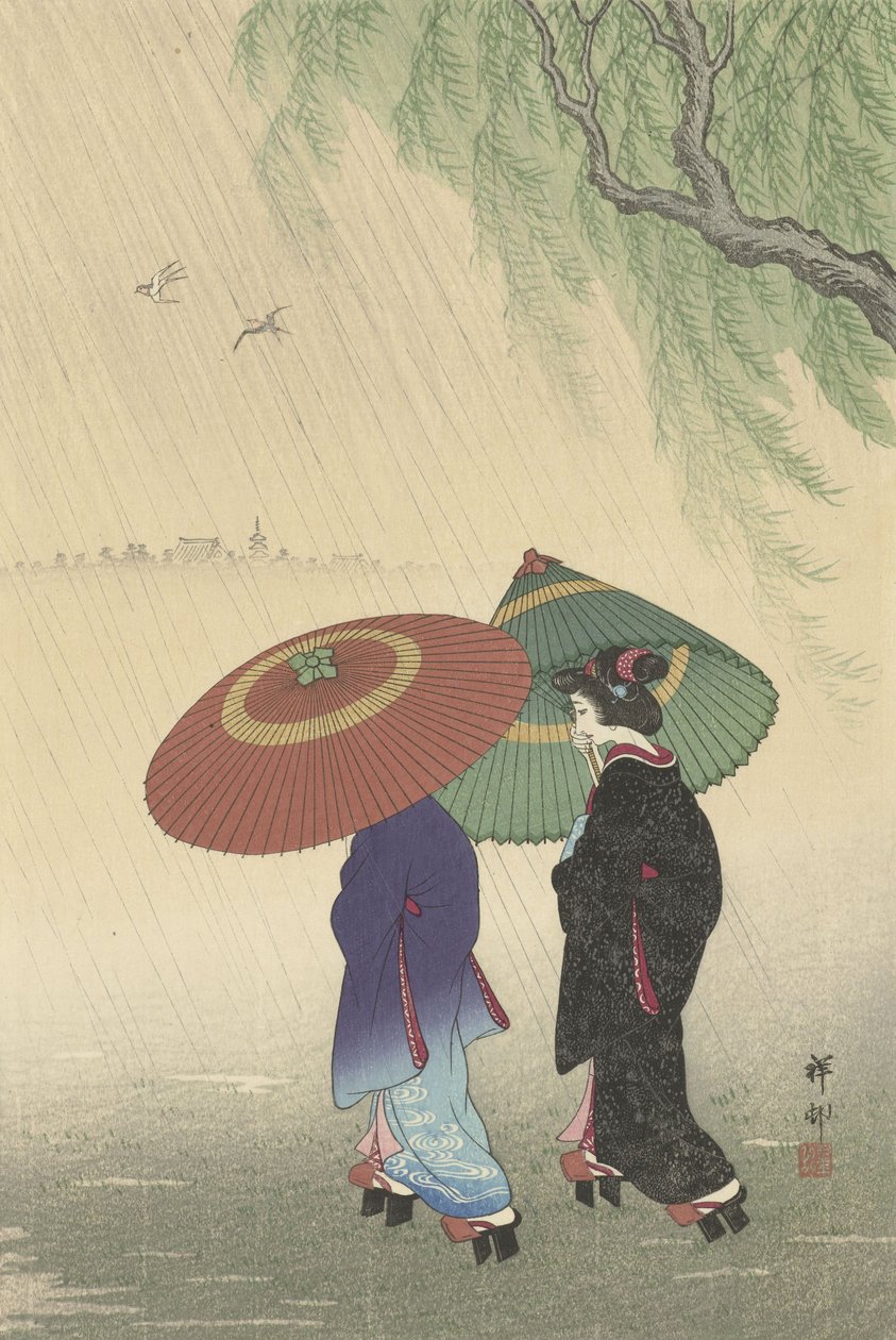 Dwie kobiety w deszczu, 1925-36 (kolorowy drzeworyt) autorstwa Ohara Koson