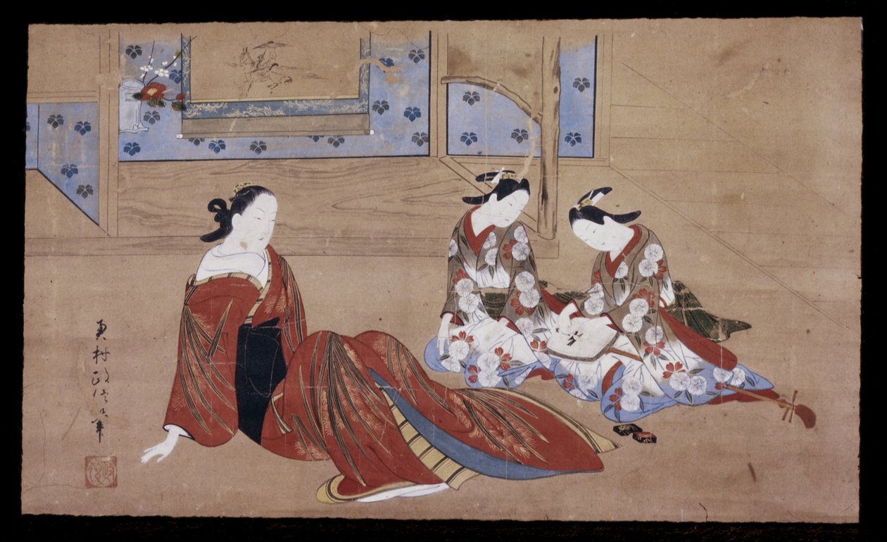 Nikuhitsu ukiyo-e: Kurtyzana i Dwóch Pomocników 1735 (tusz, kolor i gofun na papierze) autorstwa Okumura Masanobu