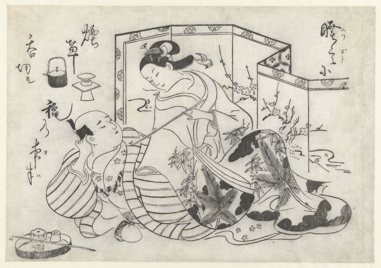 Japoński mężczyzna i kobieta palący przed składanym ekranem autorstwa Okumura Masanobu (attributed to)