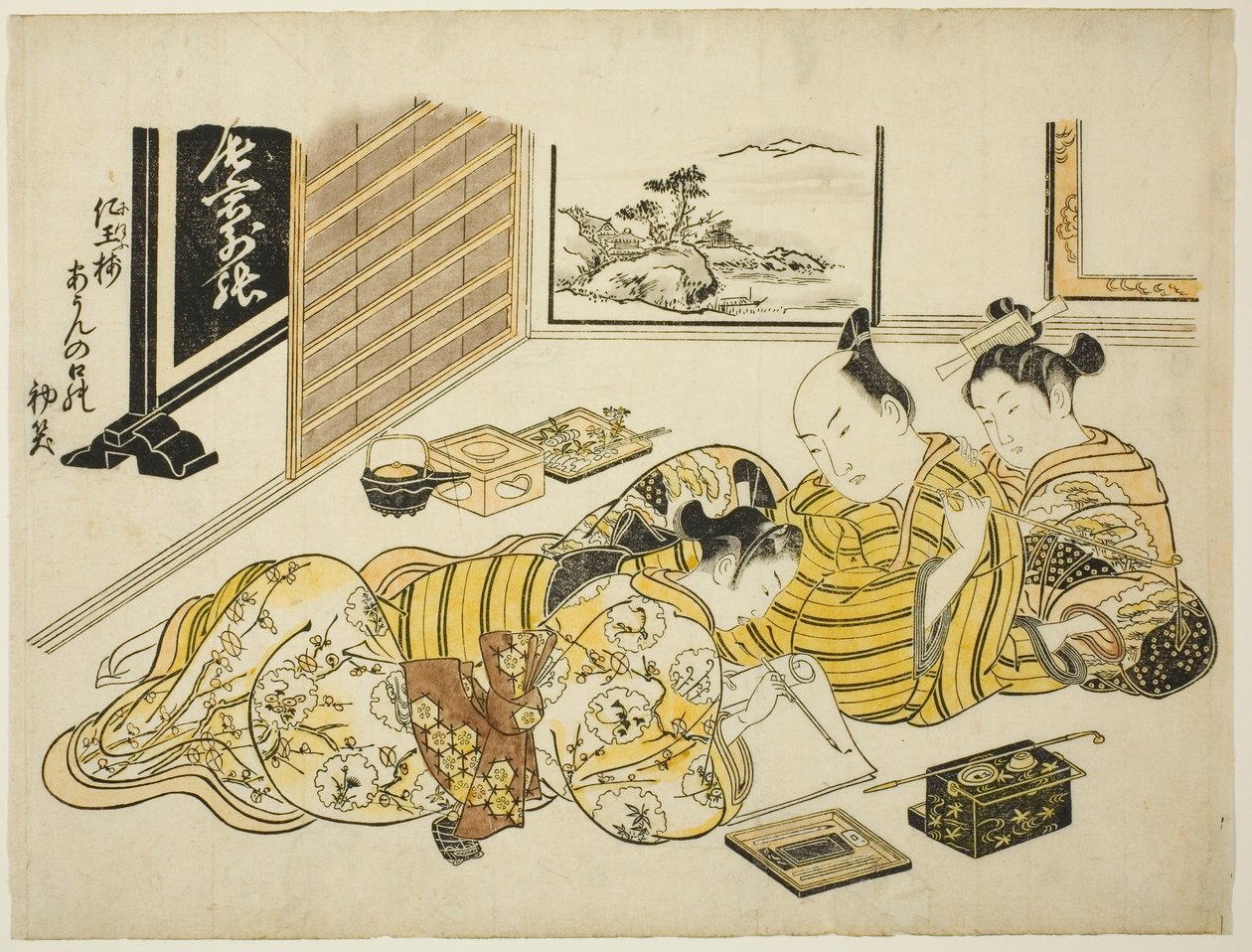 Mężczyzna i kurtyzana obserwujący młodego mężczyznę piszącego, pierwszy arkusz albumu „Mountain of Dyed Color, Specimens of Bedrooms (Someiro no yama neya no hinagata)” autorstwa Okumura Masanobu