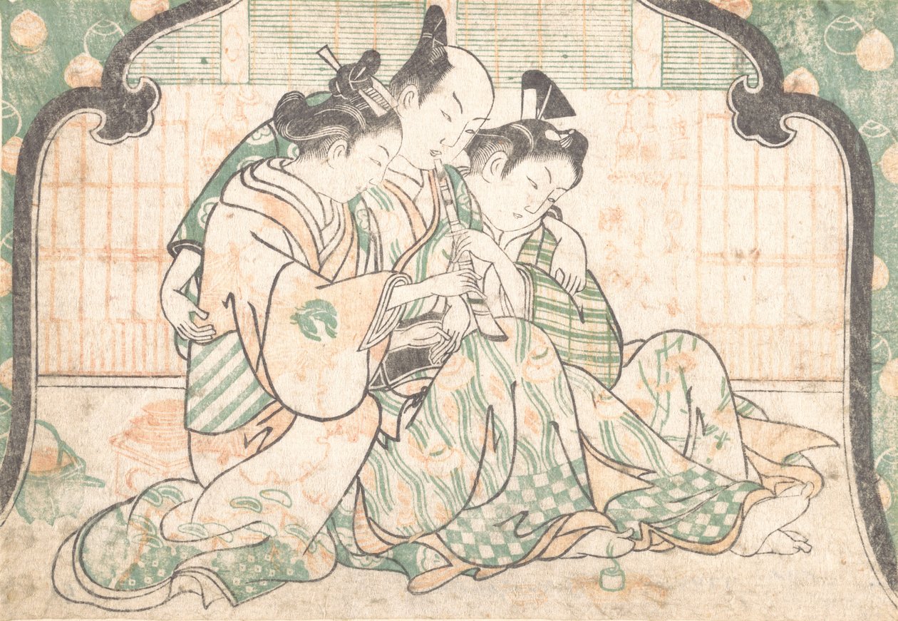 Młody mężczyzna siedzący między dwiema kobietami, ca. 1749 r., ok. 1749 r. 1749. autorstwa Okumura Masanobu