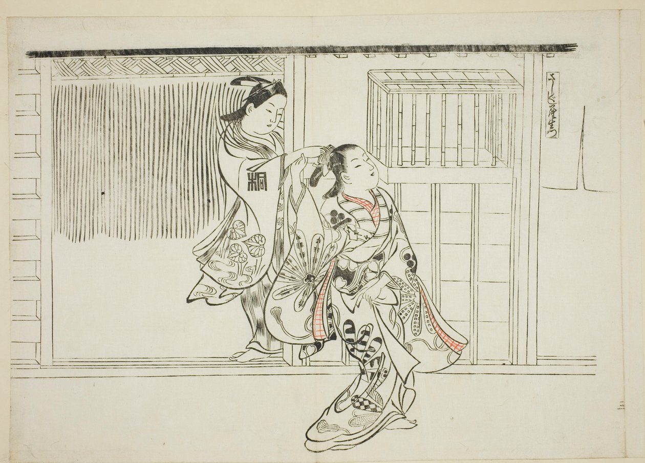 Grzebień Rashomon (Sashigushi Rashomon), no. 3 z serii 12 grafik przedstawiających parodie sztuk teatralnych autorstwa Okumura Masanobu