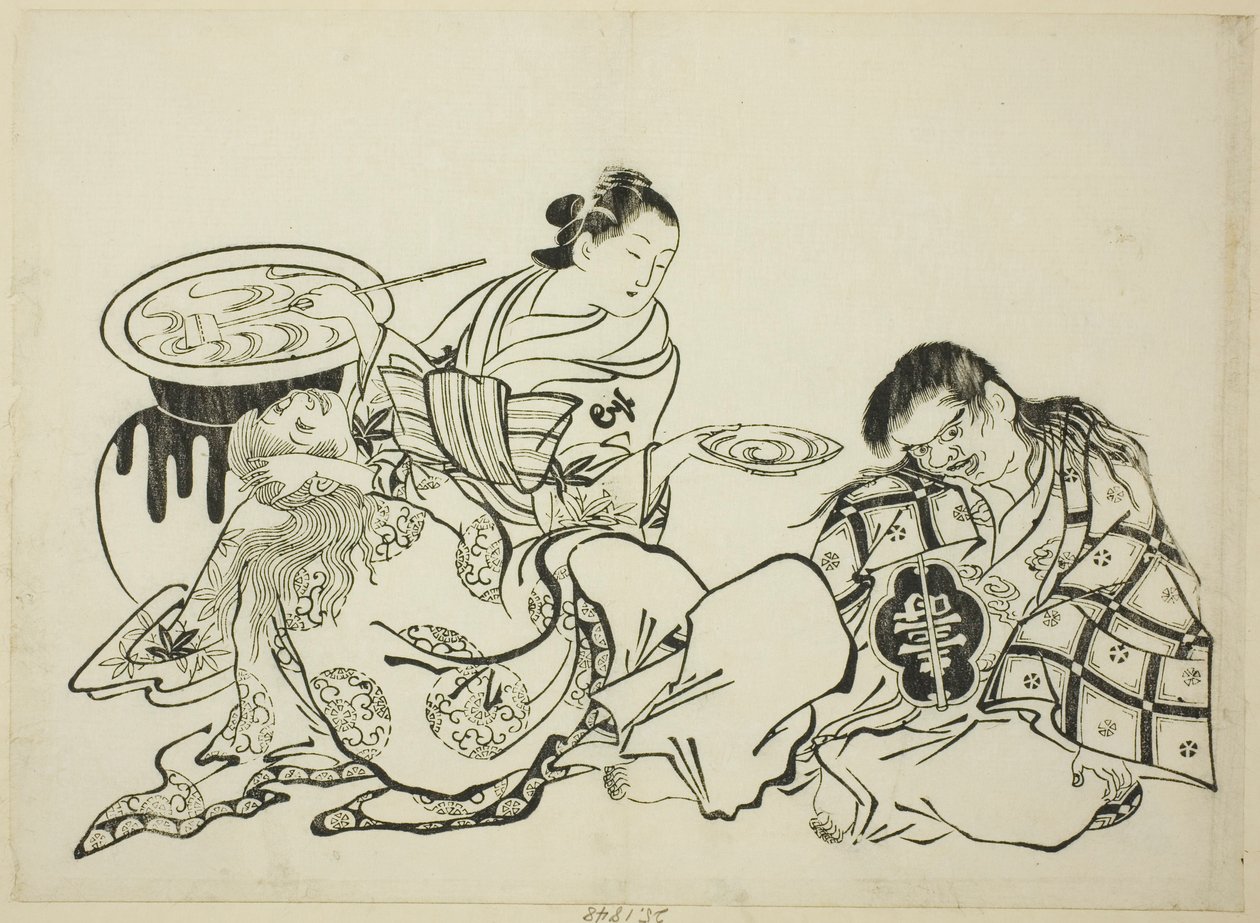 Kurtyzana Plying Shojo z Sake, nr. 4 z serii 12 odbitek autorstwa Okumura Masanobu