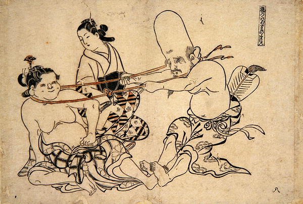 Fukuro Jin próbuje podnieść wyciągarkę (drewnodruk) autorstwa Okumura Masanobu
