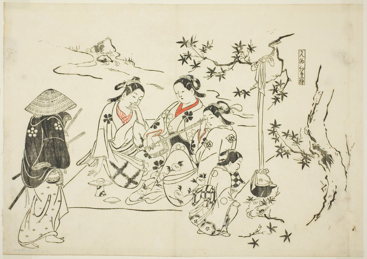 Heating Sake with Maple Leaves (Kanzake momijigari), nr 9 z serii 12 grafik przedstawiających parodie sztuk teatralnych. autorstwa Okumura Masanobu