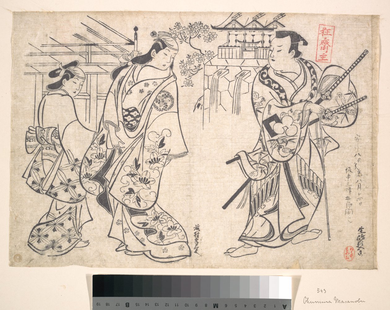 Ikushima Shingoro jako bushi (samuraj) i Ogino Yaegiri jako kobieta z młodą towarzyszką autorstwa Okumura Masanobu