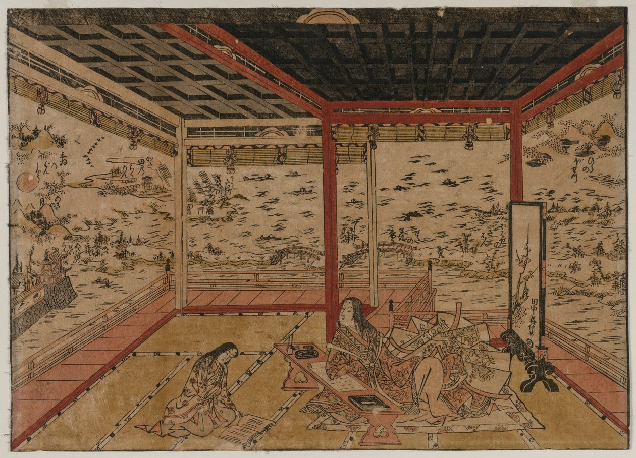 Lady Murasaki w Ishiyama Z widokiem na panoramę z siedmioma widokami na jezioro Biwa, lata czterdzieste XVIII wieku. autorstwa Okumura Masanobu