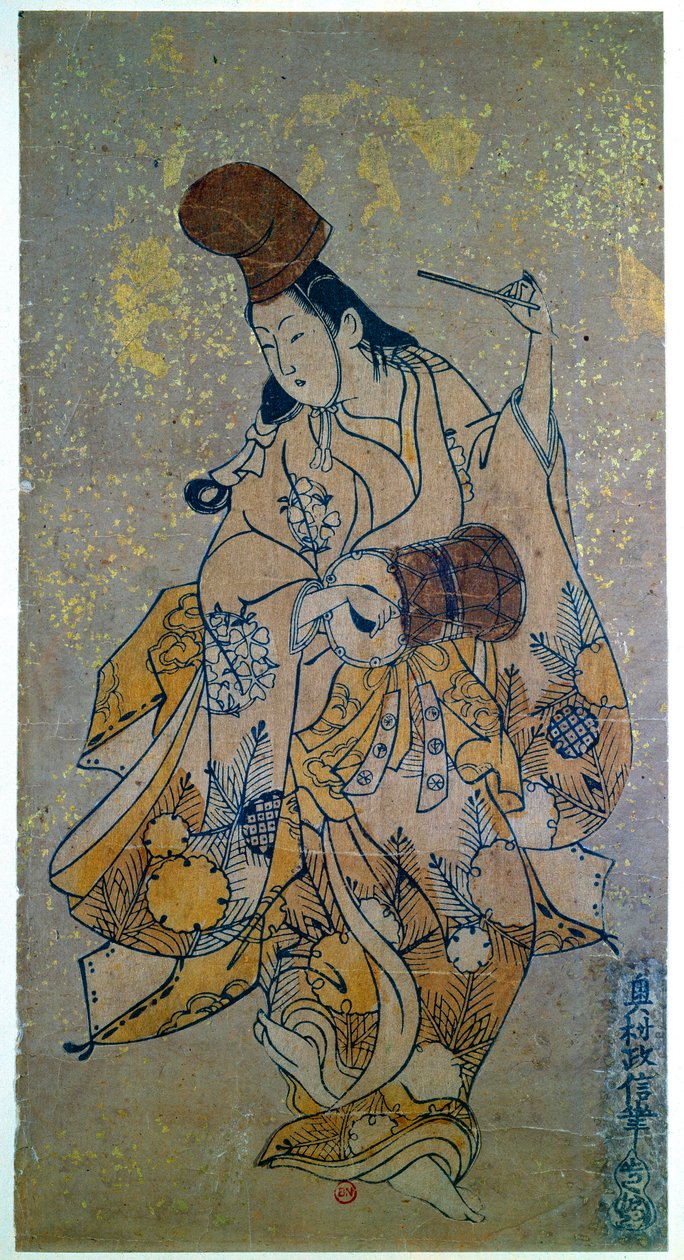 Muzyk. Kobieta gra na bębnie. Japońska grafika Okumury Masanobu (1686-1764) autorstwa Okumura Masanobu