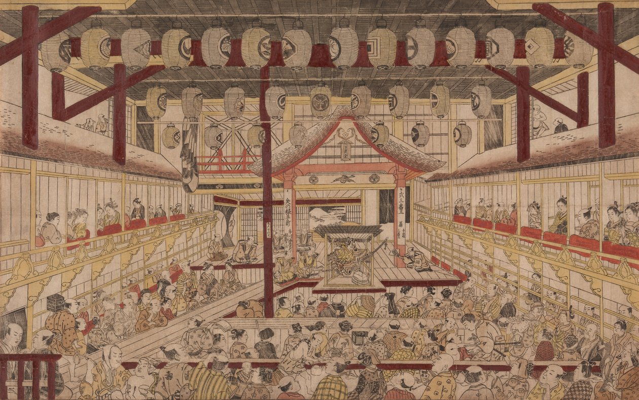 Widok perspektywiczny wnętrza teatru Nakamura z Ichikawą Ebizo II jako Yanone Goro, 1740 autorstwa Okumura Masanobu