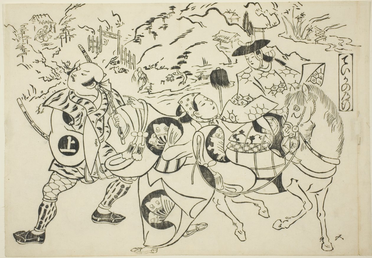 Podróż Teiki (Taika no michiyuki), z serii "Słynne sceny z japońskich sztuk lalkowych (Yamato irotake)". autorstwa Okumura Masanobu