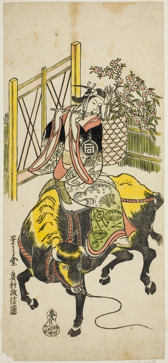Aktor Sanogawa Ichimatsu I jako Kumenosuke w sztuce „Nanohana Akebono Soga”, wystawionej w Teatrze Nakamura w drugim miesiącu 1741 r. autorstwa Okumura Masanobu