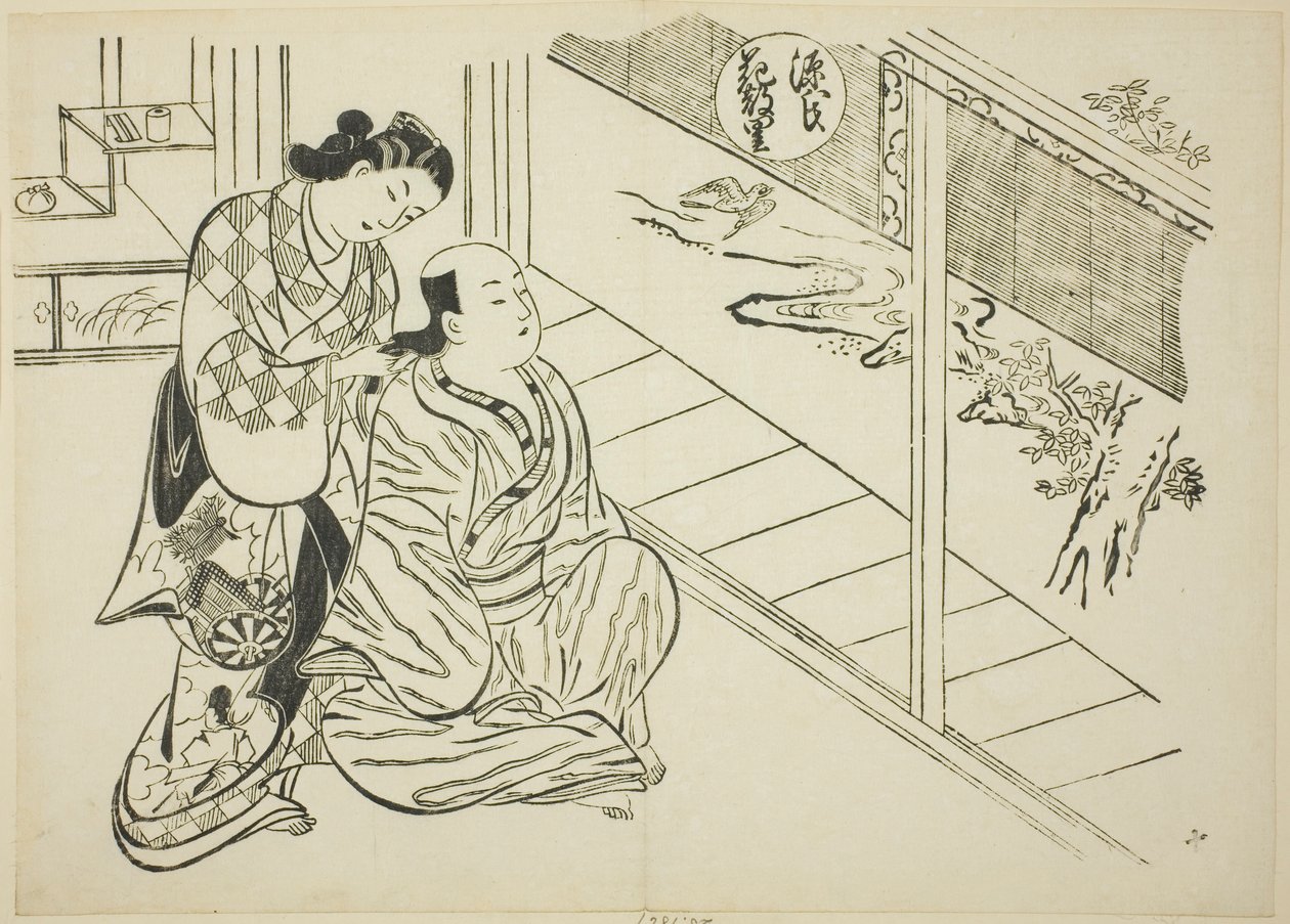 Rozdział Hanachirusato z „The Tale of Genji” (Genji Hanachirusato), z serii parodii Genji autorstwa Okumura Masanobu