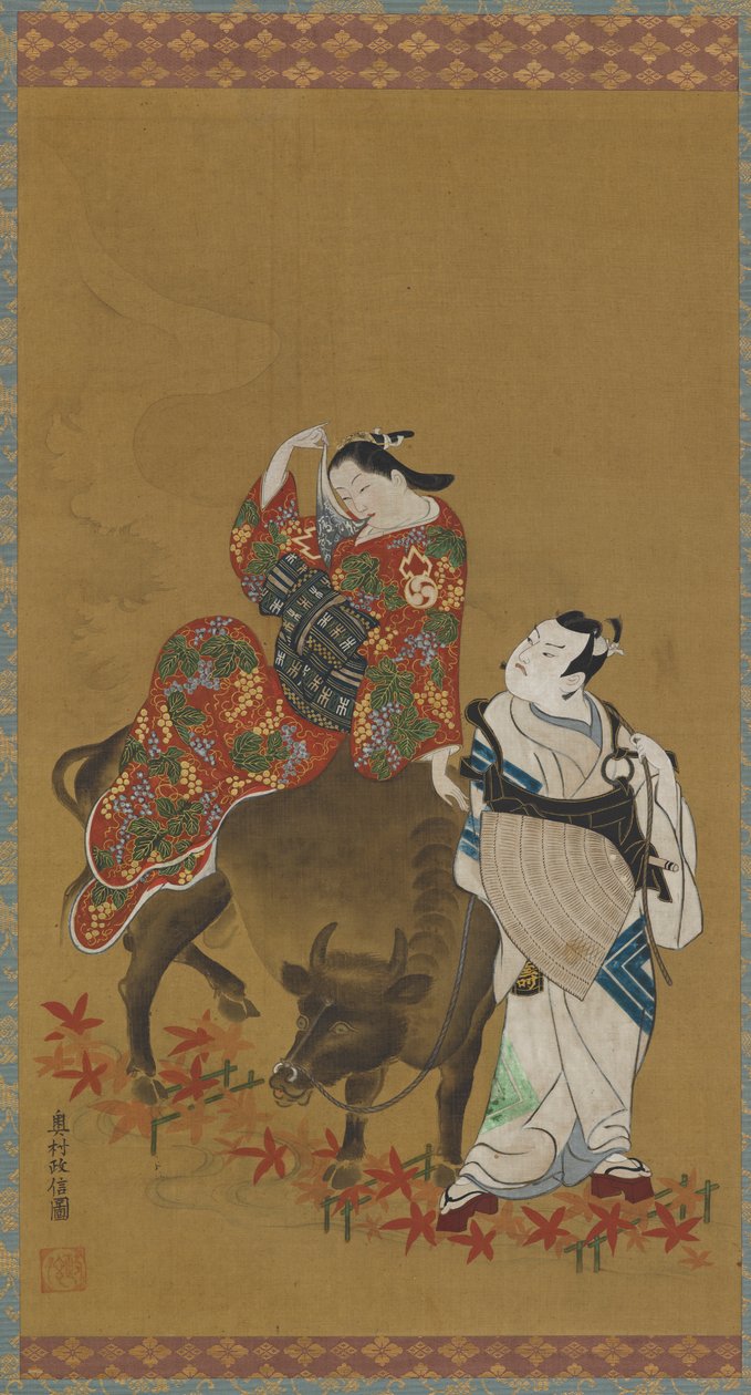Dwóch aktorów kabuki w rolach kurtyzany na bawołach wodnych i podróżującego księdza, 1686-1764. autorstwa Okumura Masanobu