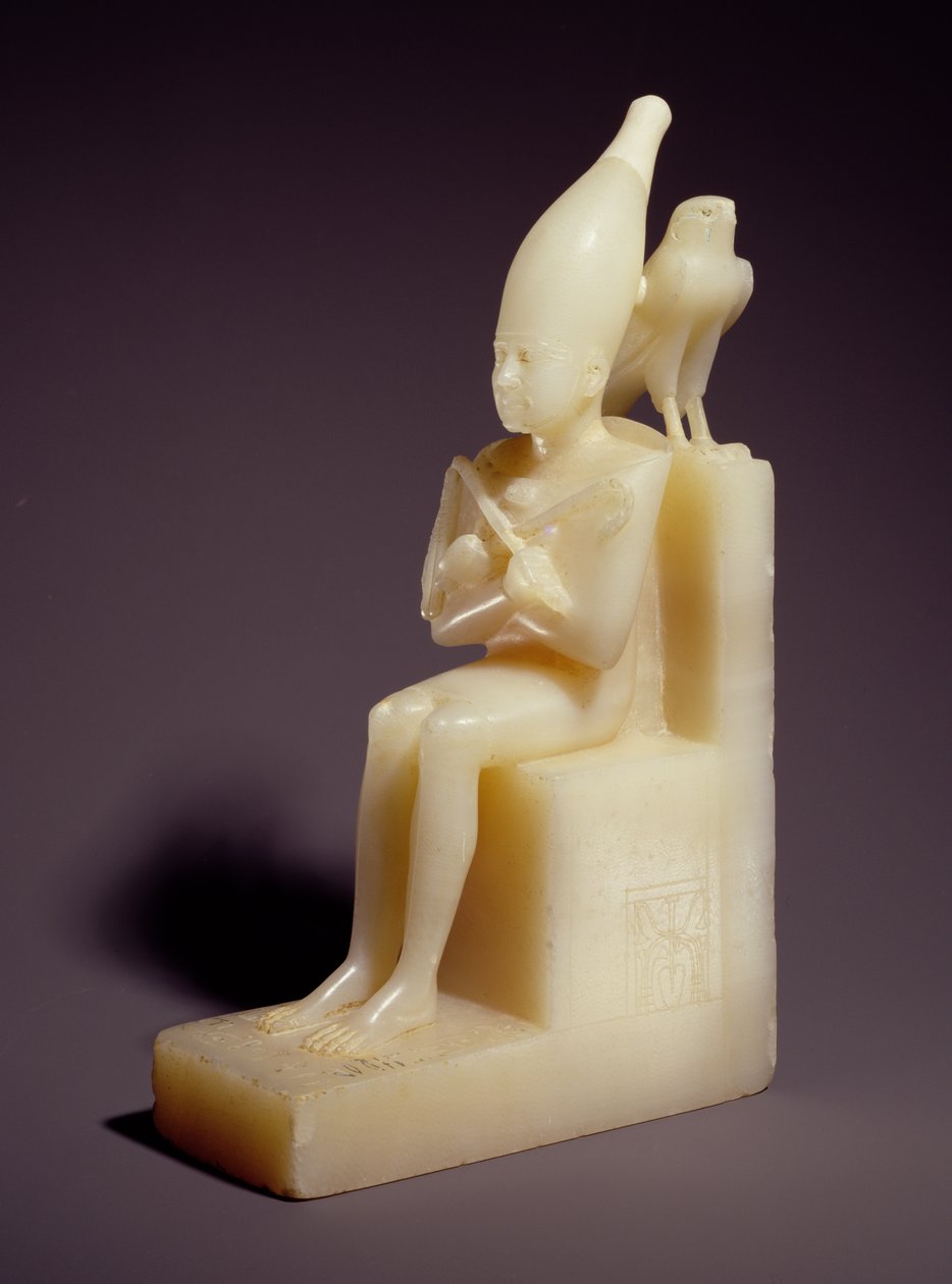 Mała siedząca statuetka Pepi I (2289-2255 pne) z Sokołem Horusa (alabaster) autorstwa Old Kingdom Egyptian