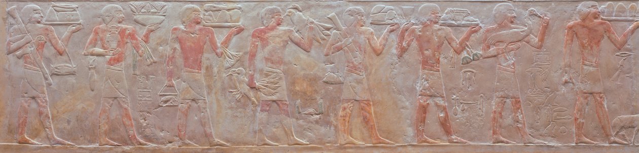 Płaskorzeźba przedstawiająca procesję niosących ofiary z grobowca Ny-Ank-Nesut, 2575-2134 pne (malowany wapień) autorstwa Old Kingdom Egyptian