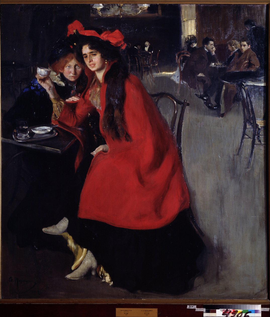 W kawiarni (w kawiarni). Scena w kawiarni prawdopodobnie w Paryżu. Obraz Aleksandra Aleksandrowicza Muraszki (Aleksander Muraszko) (1875-1919), olej na płótnie autorstwa Oleksandr Murashko