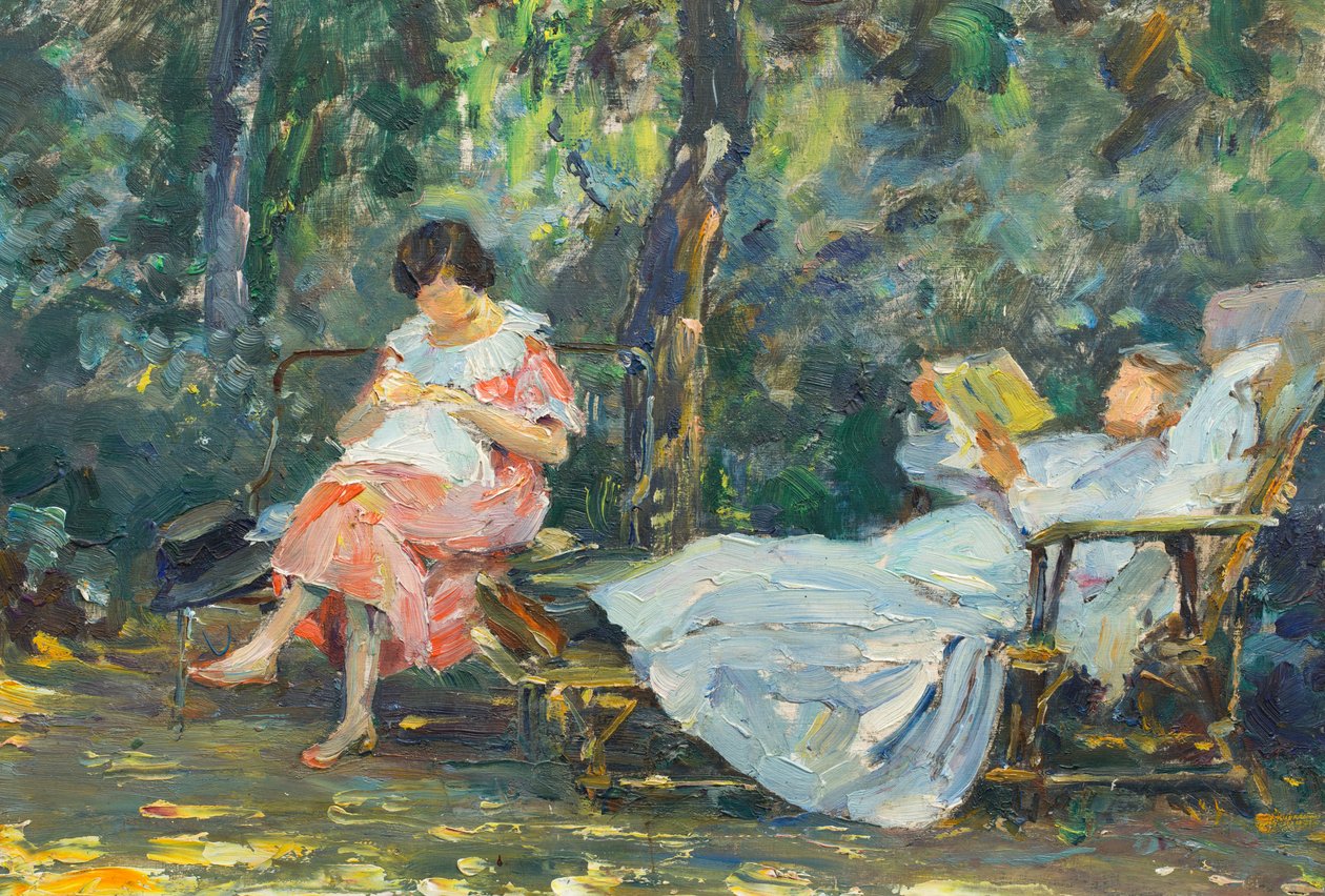 Czytanie i robienie na drutach w ogrodzie (olej na desce) autorstwa Olga (1881 1941) Slomszynska