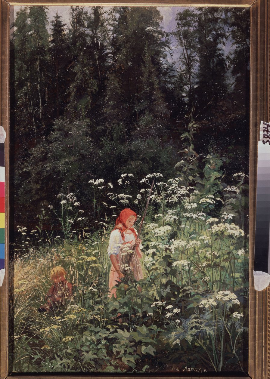 Dziewczyna przed kępką trawy (Dziewczyna przy kępce trawy). Obraz Olgi Antonovny Lagoda Shishkina (1850-1881), olej na płótnie autorstwa Olga Antonova Lagoda Shishkina