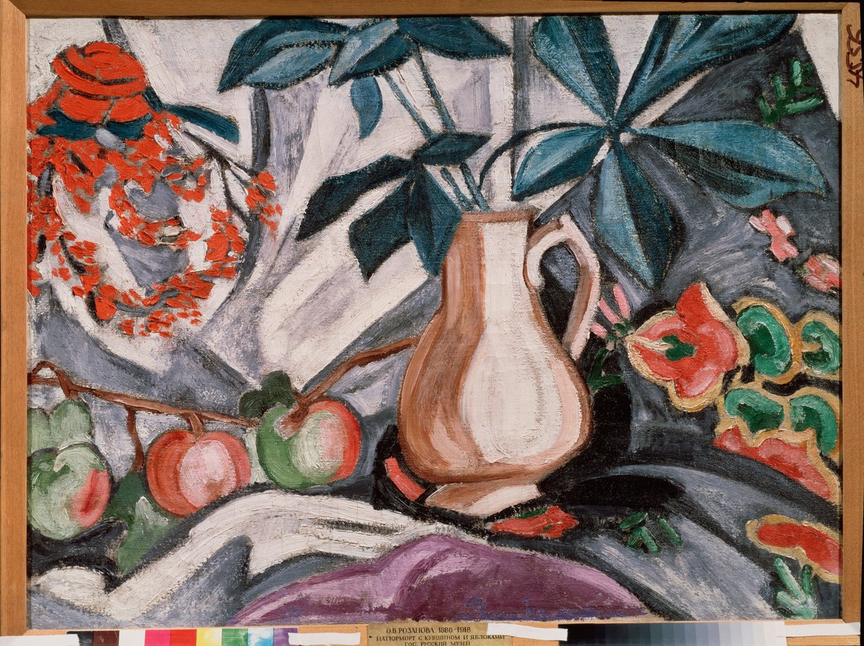Martwa natura z wazonem i jabłkami - Martwa natura z dzbanem i jabłkami - Obraz Olgi Vladimirovny Rozanova (1886-1918), olej na płótnie - Sztuka rosyjska, koniec XIX-początek XX wieku, awangarda - Państwowe Muzeum Rosyjskie, Sankt Petersburg autorstwa Olga Wladimirowna  Rosanowa