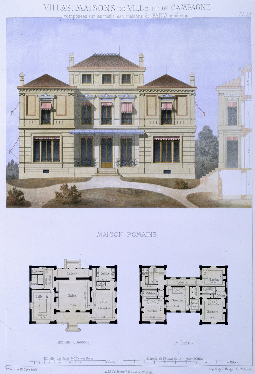 Willa rzymska, sztychowana przez Waltera, tablica 50 z „Villas, Maisons de Ville et de Campagne”, wyd. Paryż autorstwa Olive