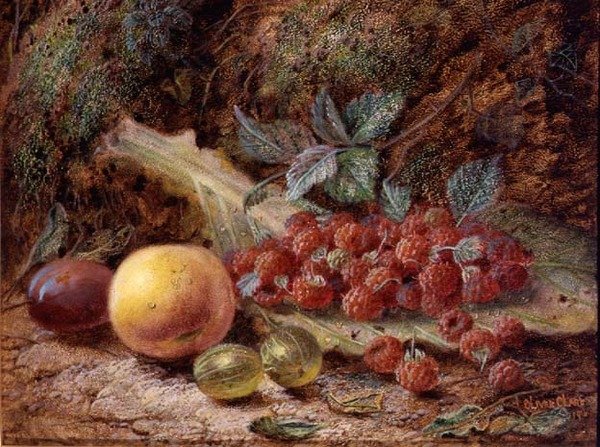 Martwa natura z owocami na liściu kapusty autorstwa Oliver Clare