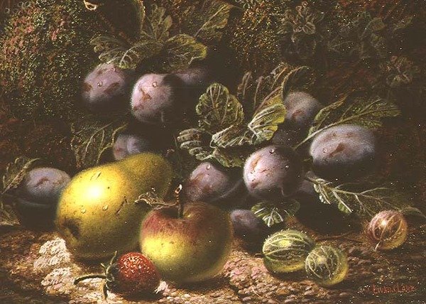 Martwa natura ze śliwkami, agrestem, jabłkiem, gruszką i truskawką autorstwa Oliver Clare