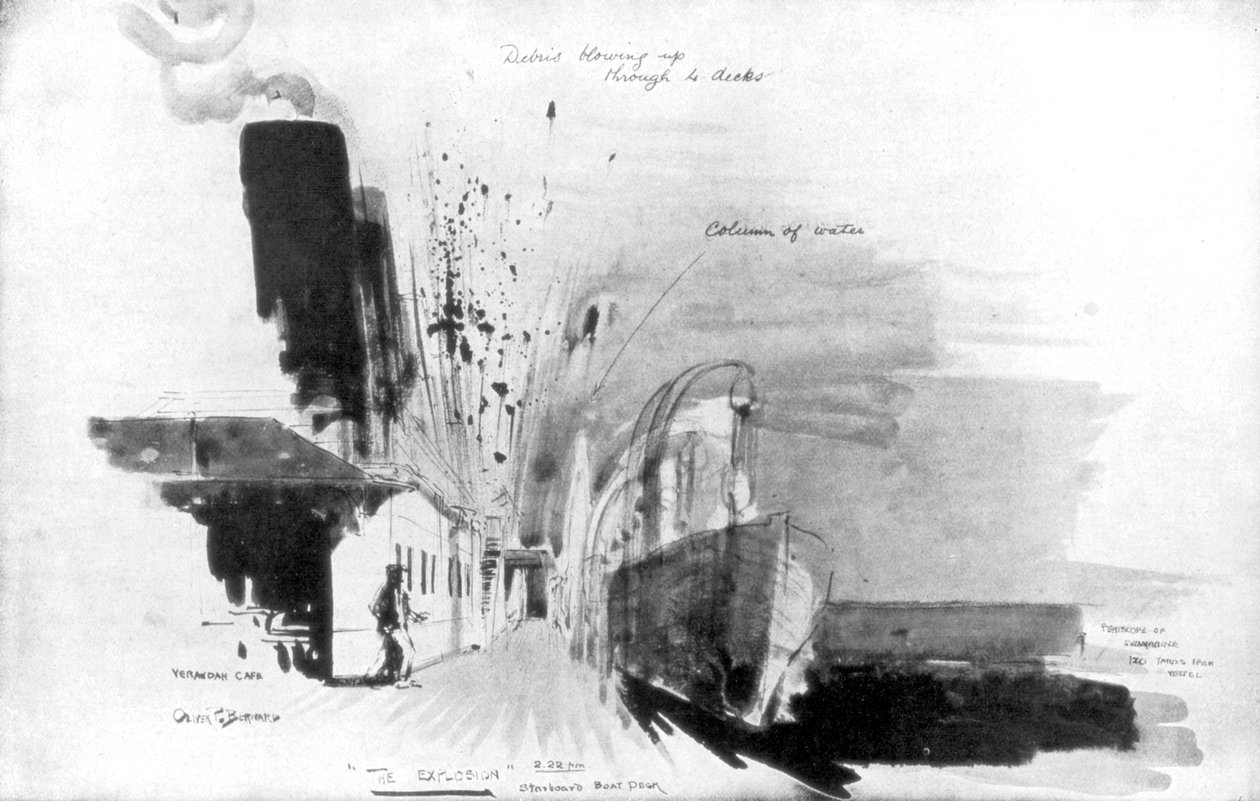 Moment, w którym torpeda z niemieckiego okrętu podwodnego U-20 trafiła w RMS Lusitania, 7 maja 1915, 1926 autorstwa Oliver Percy Bernard