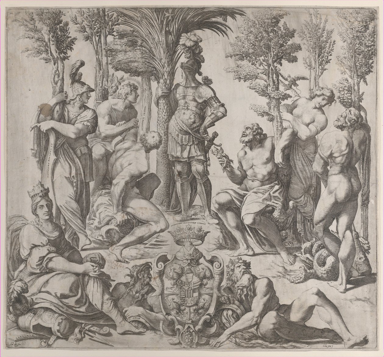 Kompozycja alegoryczna z sześcioma bogami olimpijskimi skupionymi wokół postaci w zbroi, 1615-35., 1615-35. autorstwa Oliviero Gatti
