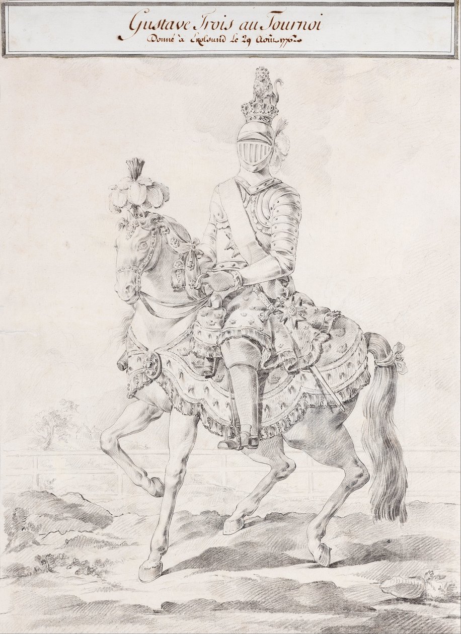 Gustaw III w uprzęży na grzbiecie konia 1776 autorstwa Olof Fridsberg
