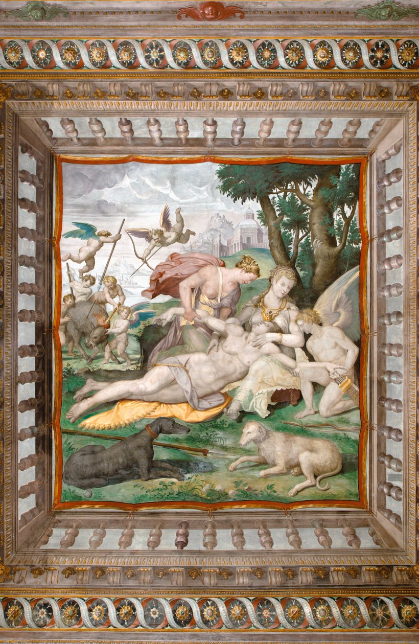 Śmierć Adonisa z sufitu Pokoju Adonisa, Rocca dei Rossi, San Secondo, Parma, Włochy, fragment 2384731 autorstwa Orazio (attr.to) Samacchini