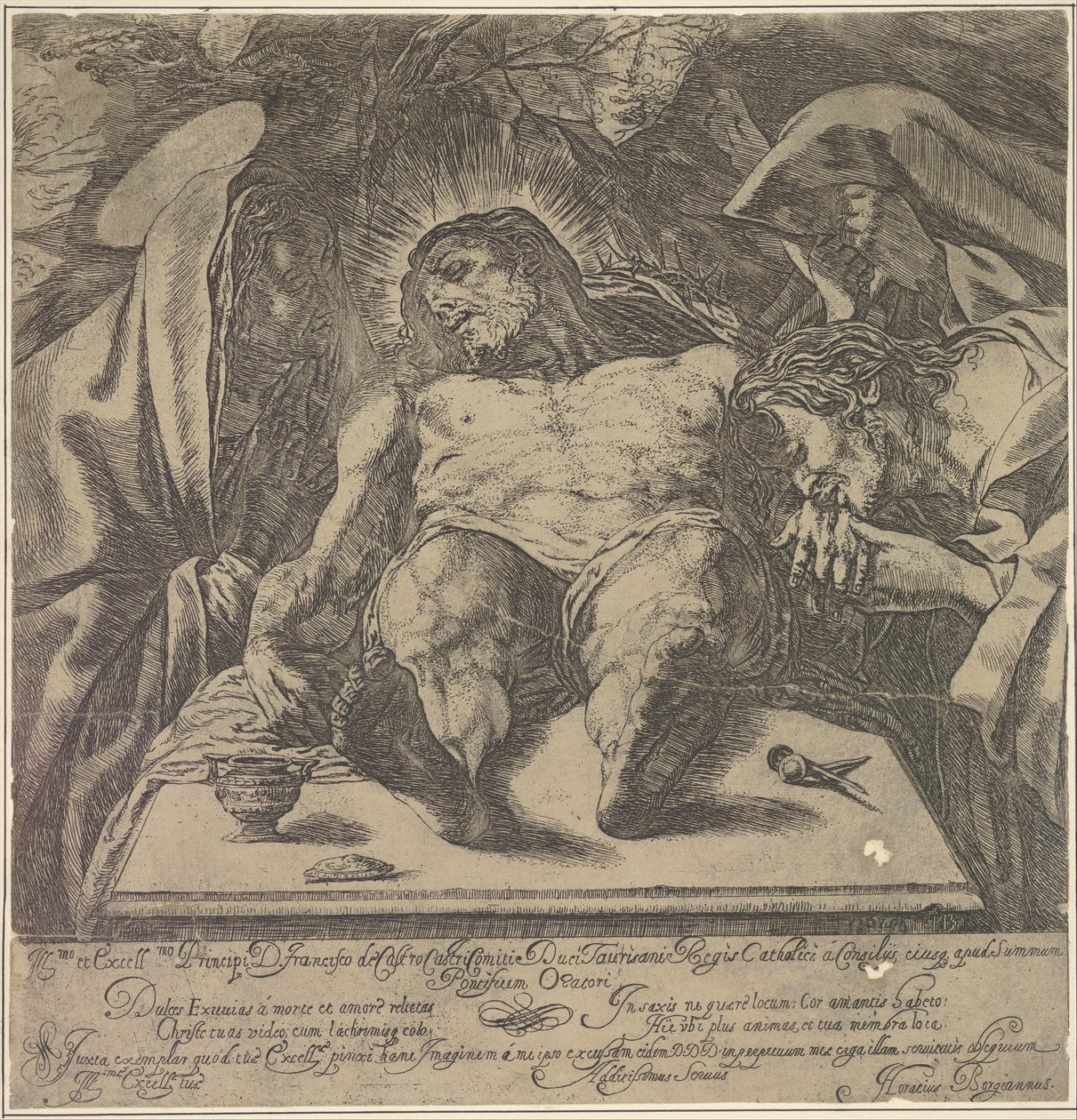 Opłakiwanie ciała Chrystusa przez trzy Marie, słój maści na stole do..., 1615. autorstwa Orazio Borgianni